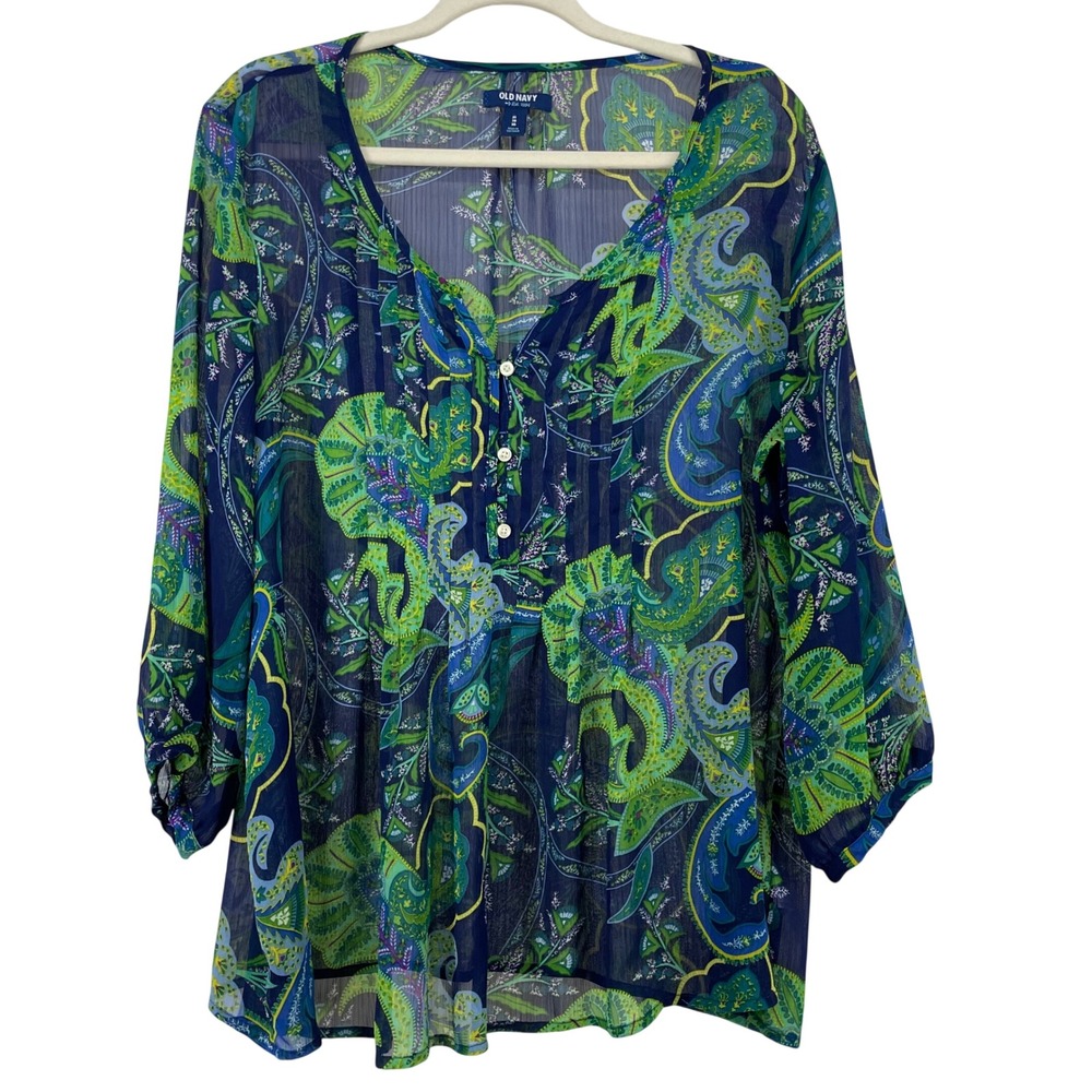 Old Navy Size XL Blouse Blue Green Paisley Sheer Pintuck V-Neck 3/4 Sleeve Women